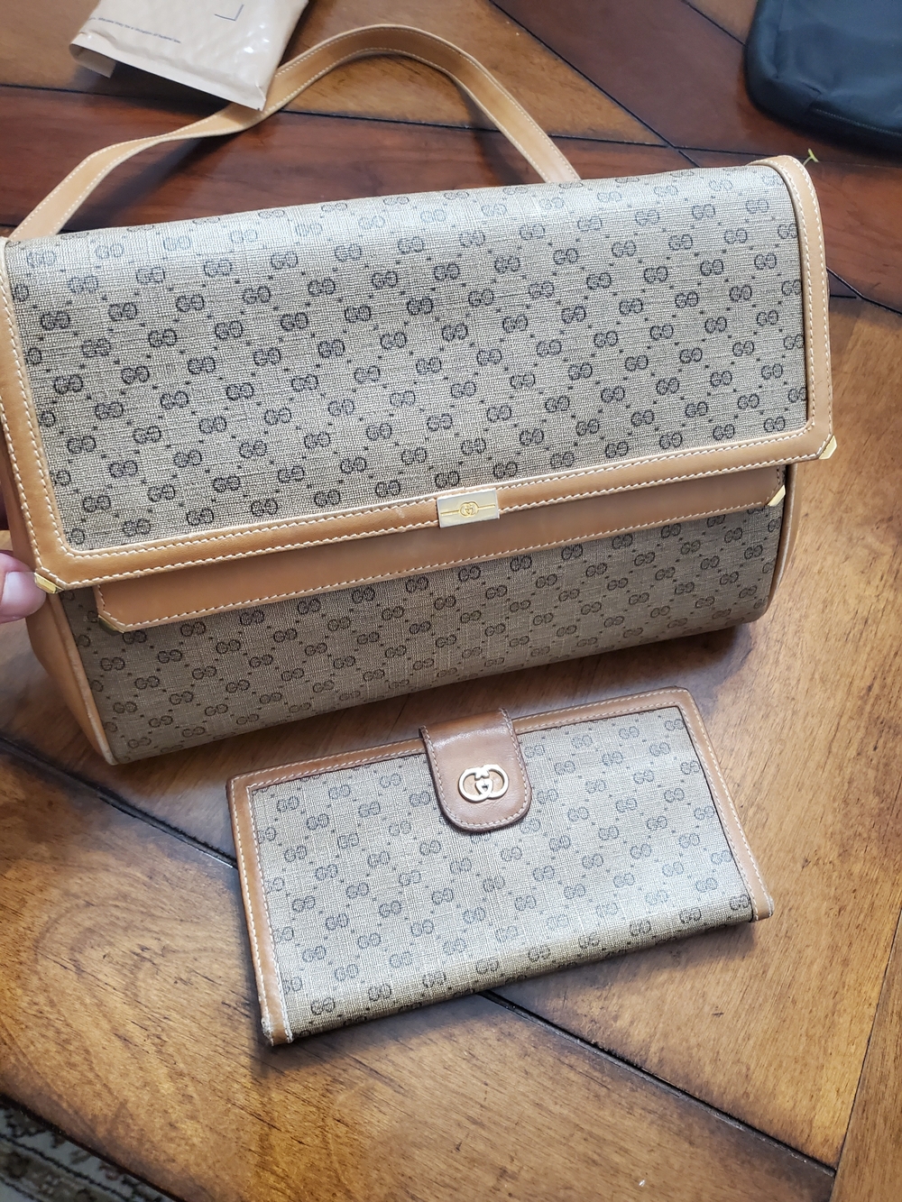 Gucci Beige Monogram Crossbody Bag with Tan Trim